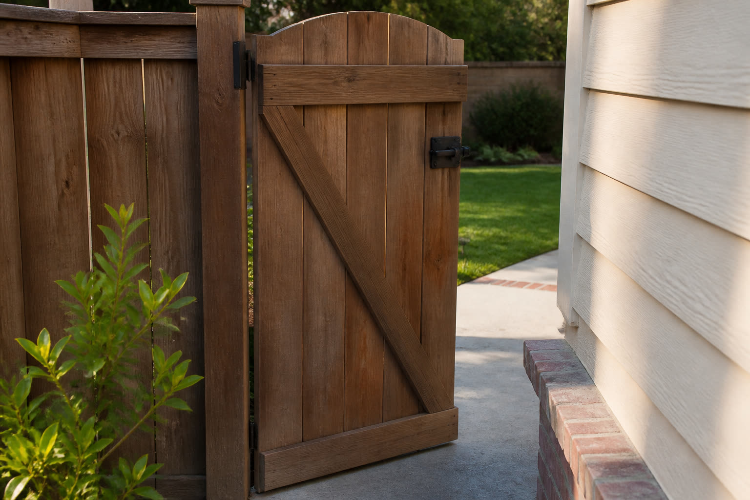 A latched side-yard gate on a suburban North County inland home